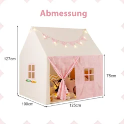 Kinderzelt mit Matte & Lichtern & Flaggenbanner & Fenstern Kinder Spielhaus Spielzelt Rosa