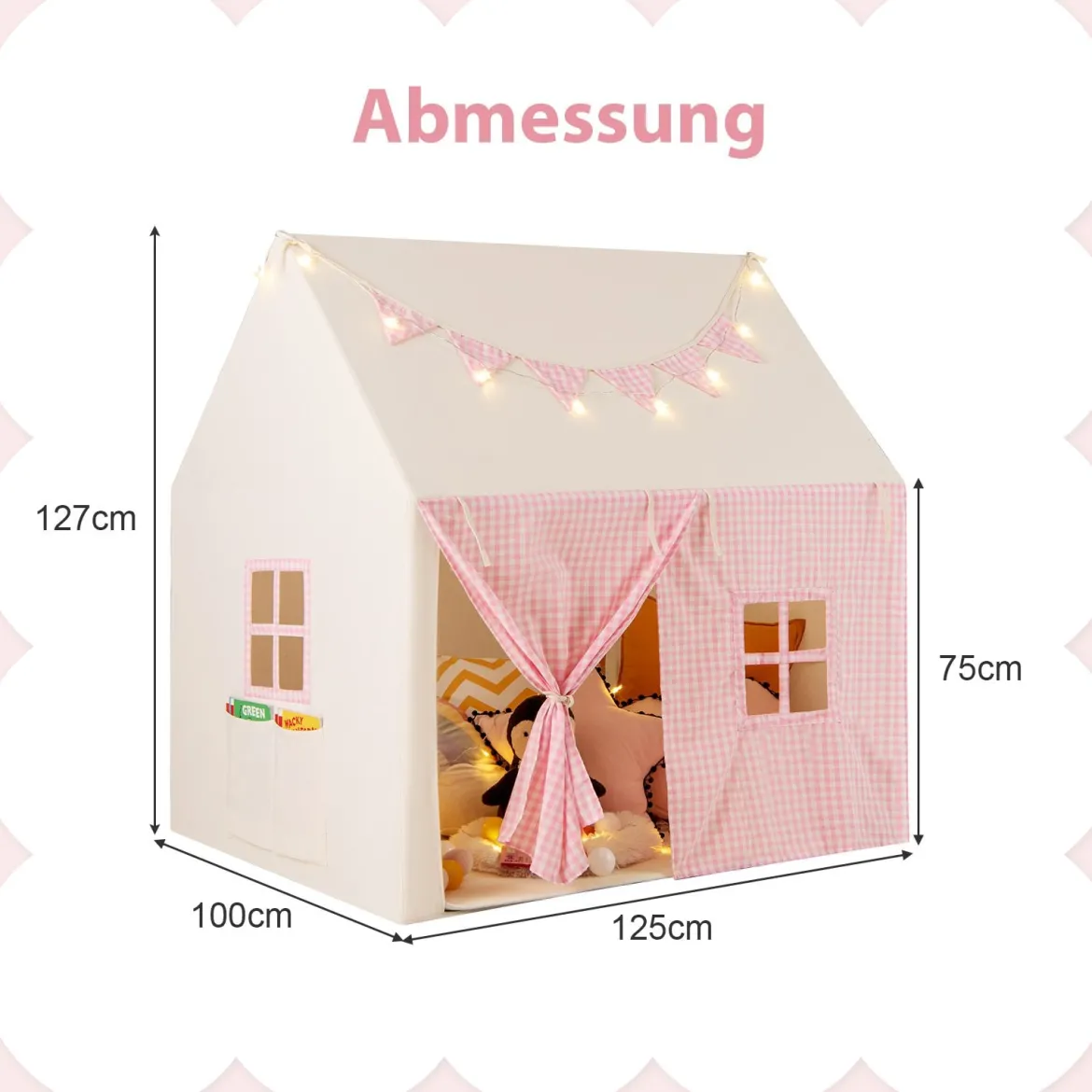 Kinderzelt mit Matte & Lichtern & Flaggenbanner & Fenstern Kinder Spielhaus Spielzelt Rosa