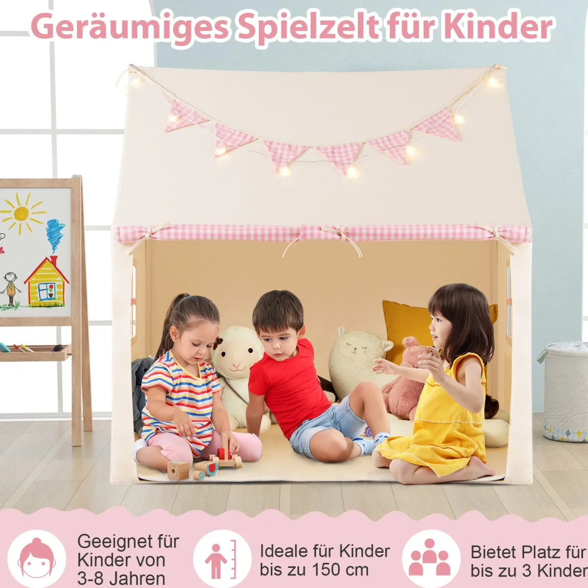 Kinderzelt mit Matte & Lichtern & Flaggenbanner & Fenstern Kinder Spielhaus Spielzelt Rosa