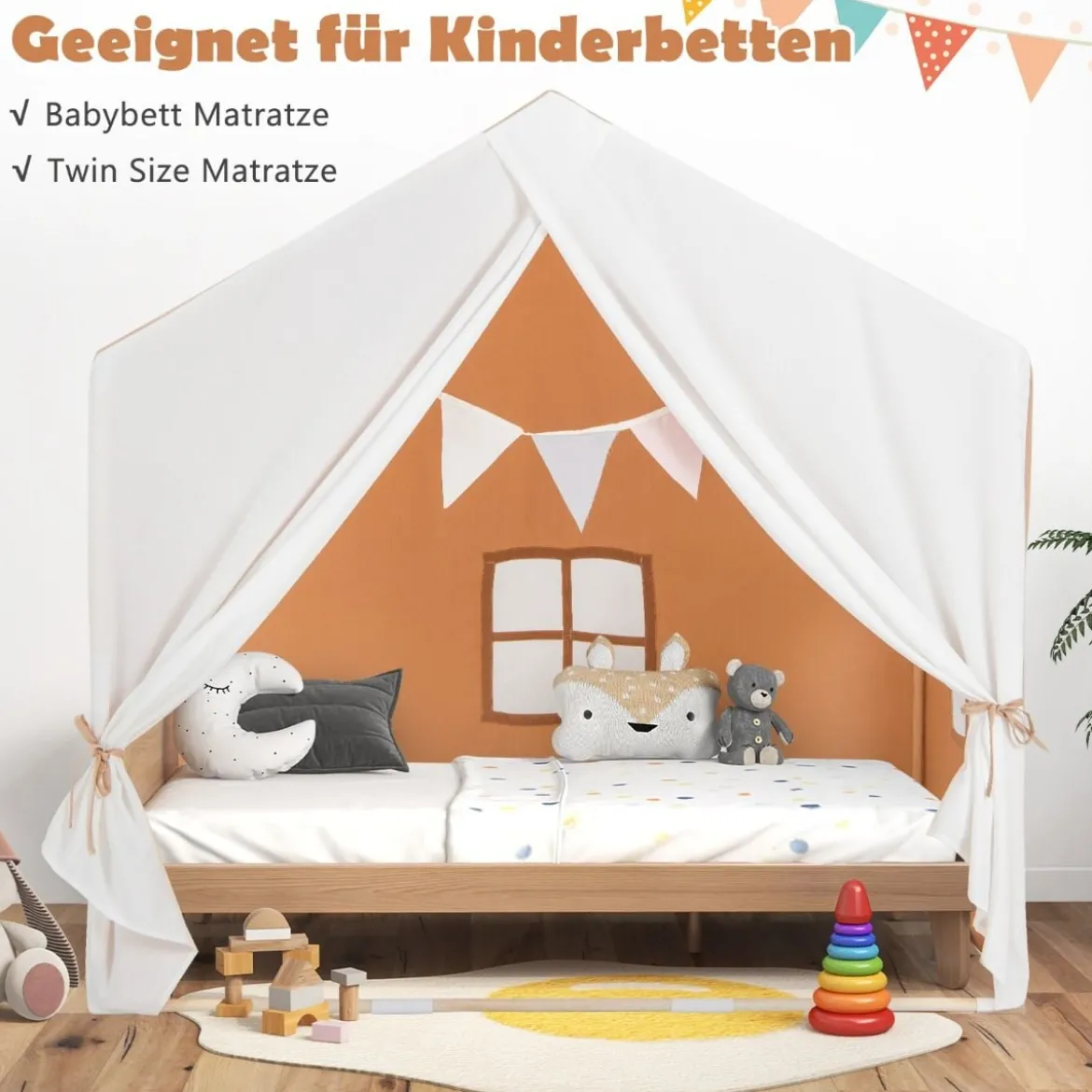 Kinderzelt mit waschbarer Baumwollmatte & Flaggenbanner Spielzelt mit Fenstern 131 x 91 x 131 cm Hellbraun