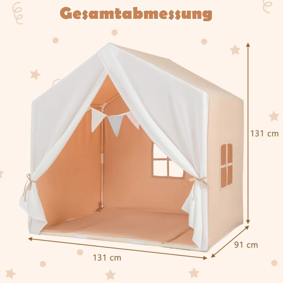 Kinderzelt mit waschbarer Baumwollmatte & Flaggenbanner Spielzelt mit Fenstern 131 x 91 x 131 cm Hellbraun