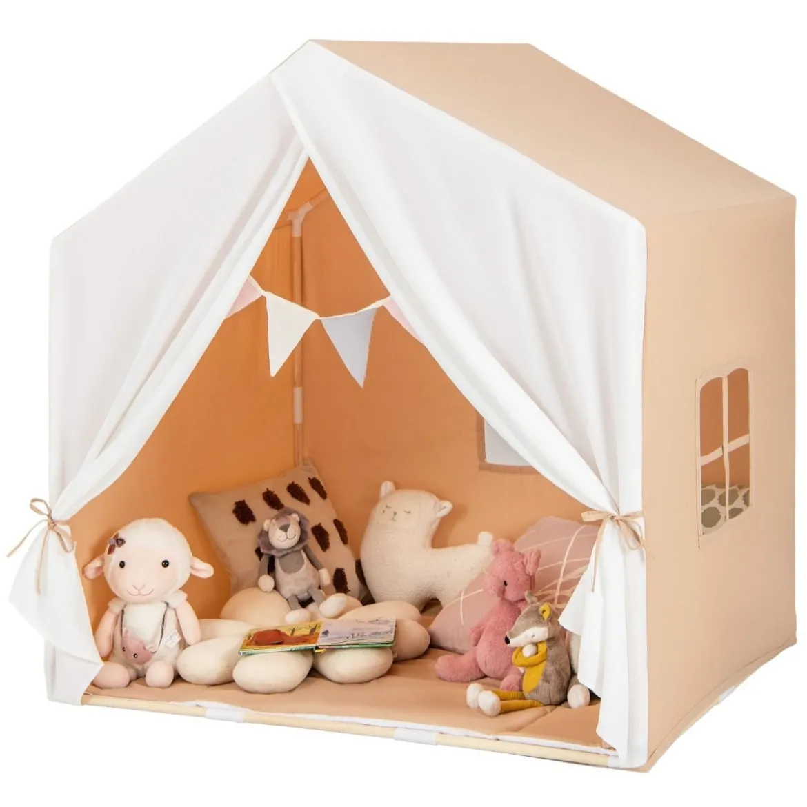 Kinderzelt mit waschbarer Baumwollmatte & Flaggenbanner Spielzelt mit Fenstern 131 x 91 x 131 cm Hellbraun