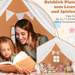Kinderzelt mit waschbarer Baumwollmatte & Flaggenbanner Spielzelt mit Fenstern 131 x 91 x 131 cm Hellbraun
