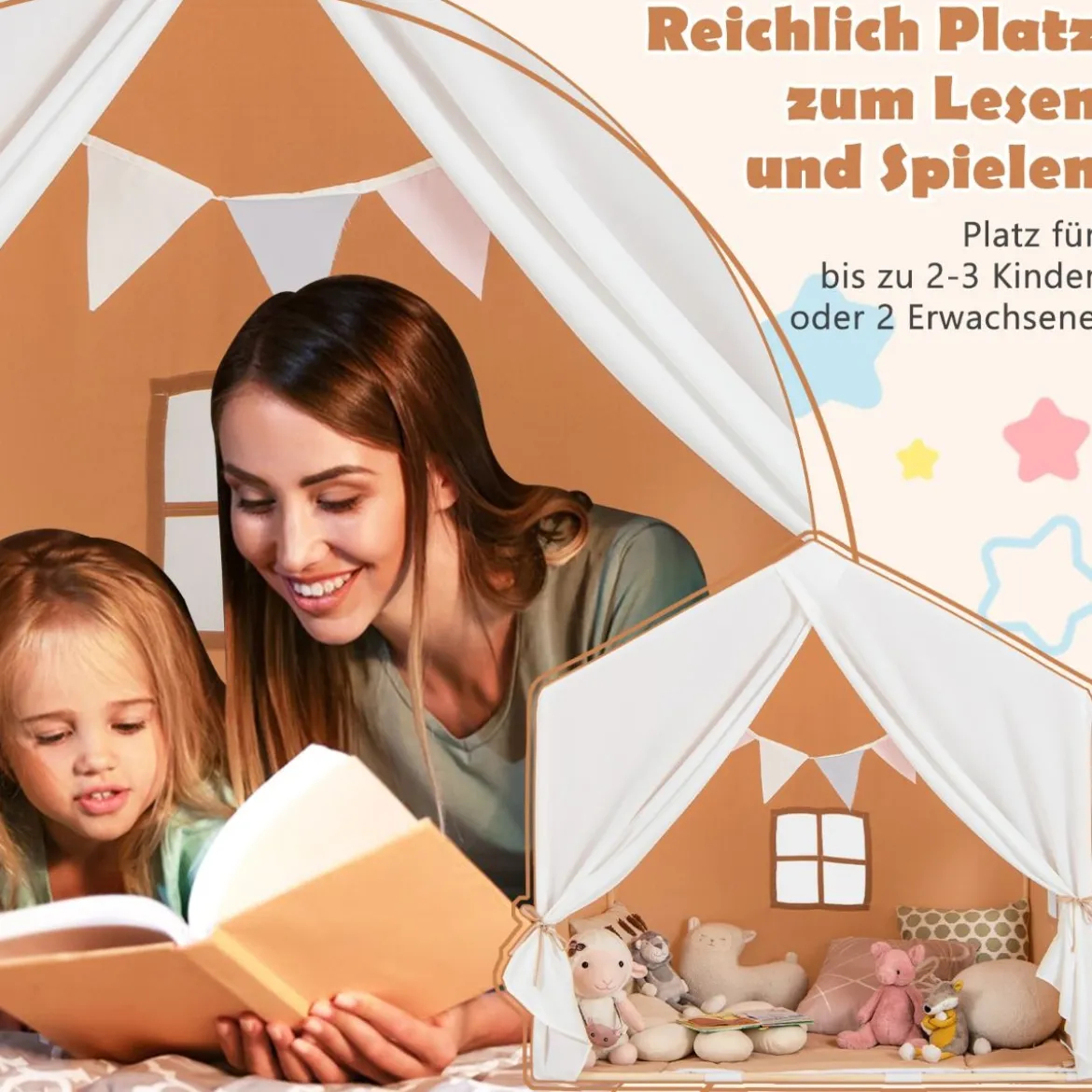 Kinderzelt mit waschbarer Baumwollmatte & Flaggenbanner Spielzelt mit Fenstern 131 x 91 x 131 cm Hellbraun