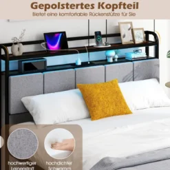 Kingsize Bettrahmen mit LED-Licht & Ladestation & Gepolstertem Kopfteil Metallgestell Bettgestell