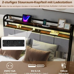 Kingsize Bettrahmen mit LED-Licht & Ladestation & Gepolstertem Kopfteil Metallgestell Bettgestell