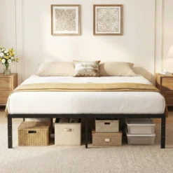 King Size Metall-Bettgestell Plattformbett mit Robusten Metalllatten Schwarz 200 x 160 cm
