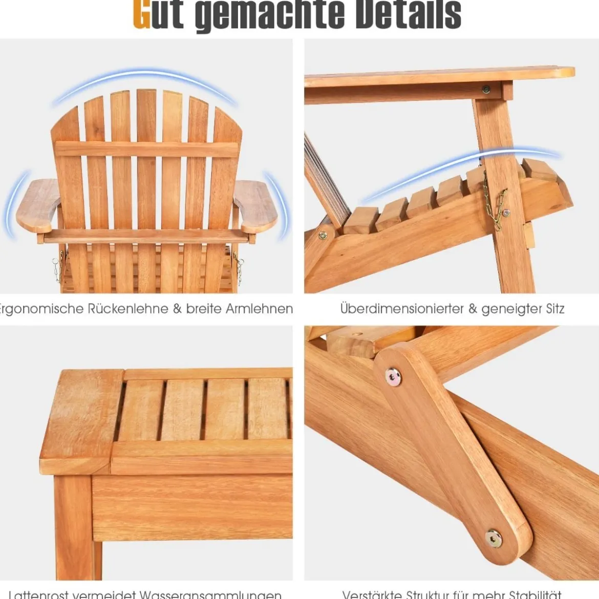 Klappbare Adirondack Stühle mit Tisch 2er Set Adirondack Chairs aus Eukalyptusholz Natürlich