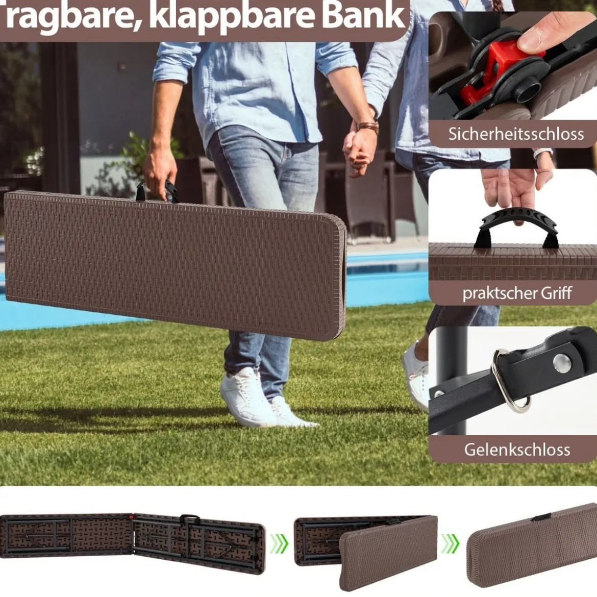 Klappbare Bierbank in Rattanoptik mit Tragegriff Klappbank Bierzeltbank Campingbank Schwarz/Braun