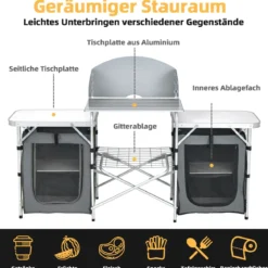 Klappbare Campingküche mit Tragetasche Alu Reiseküche Campingschrank Zeltschrank Grau