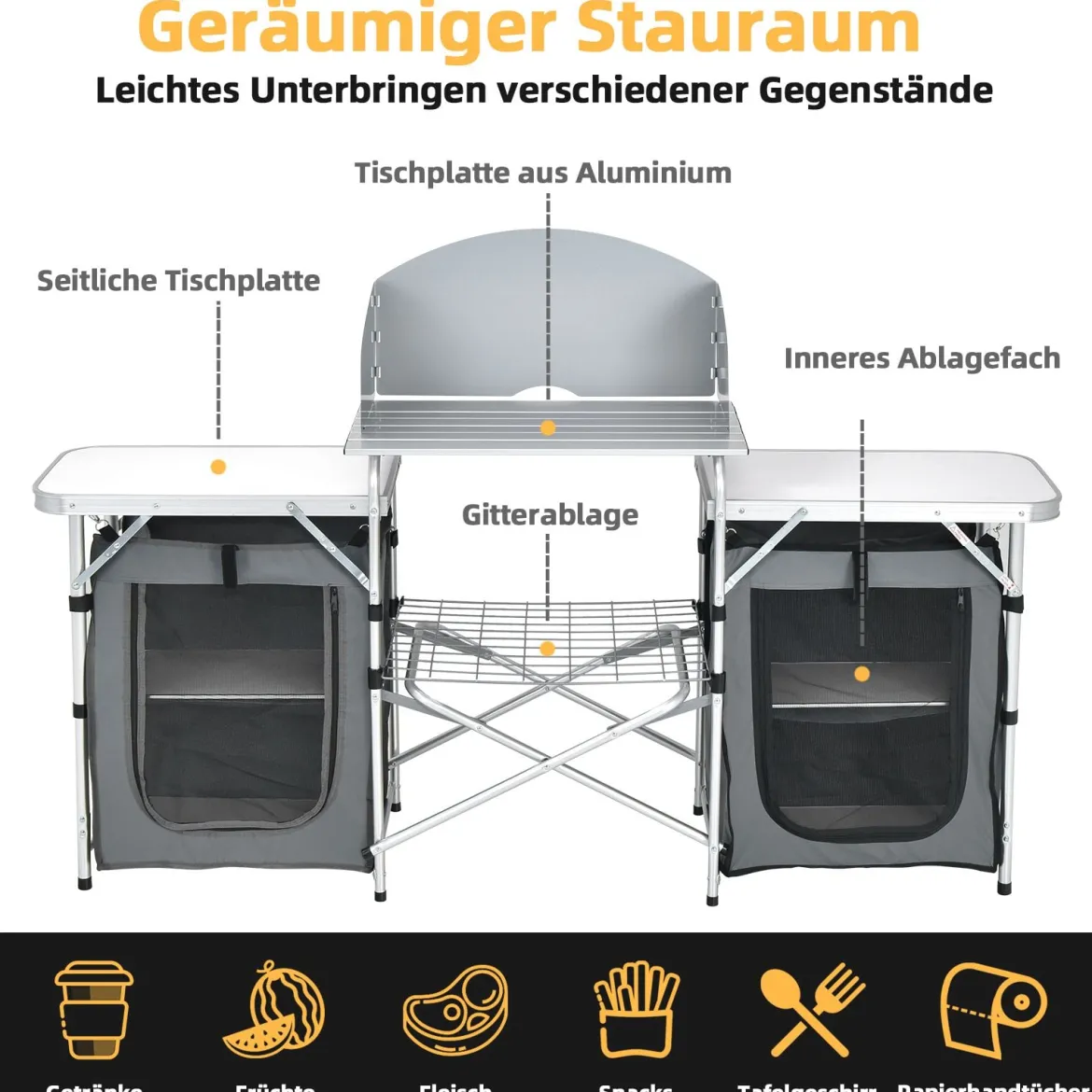 Klappbare Campingküche mit Tragetasche Alu Reiseküche Campingschrank Zeltschrank Grau