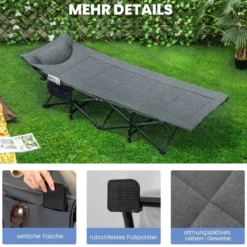 Klappbare Campingliege mit Seitentasche Feldbett bis 200 kg Belastbar Gästebett Grau