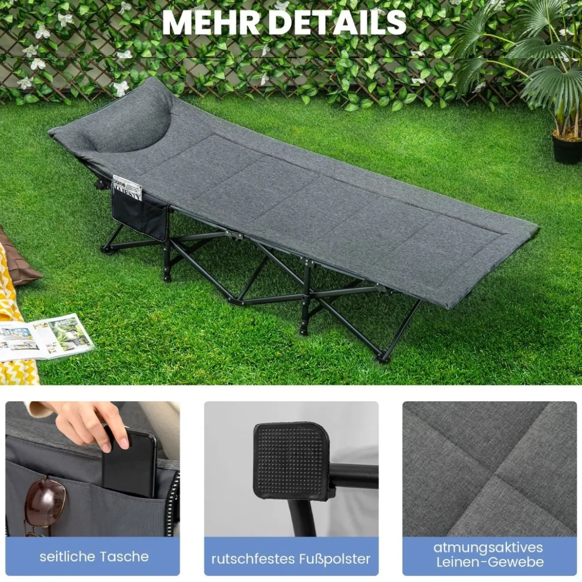 Klappbare Campingliege mit Seitentasche Feldbett bis 200 kg Belastbar Gästebett Grau