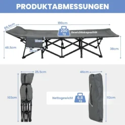 Klappbare Campingliege mit Seitentasche Feldbett bis 200 kg Belastbar Gästebett Grau