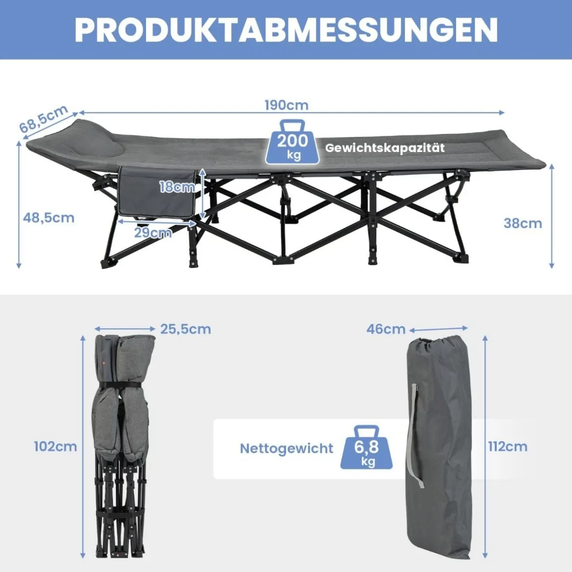 Klappbare Campingliege mit Seitentasche Feldbett bis 200 kg Belastbar Gästebett Grau