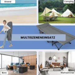 Klappbare Campingliege mit Seitentasche Feldbett bis 200 kg Belastbar Gästebett Grau