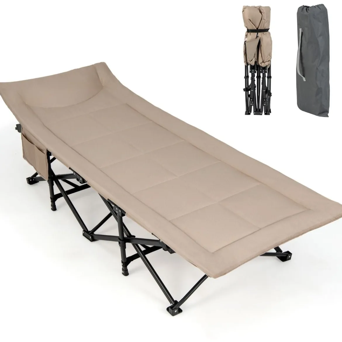 Klappbare Campingliege mit Seitentasche Feldbett bis 200 kg Belastbar Gästebett Khaki