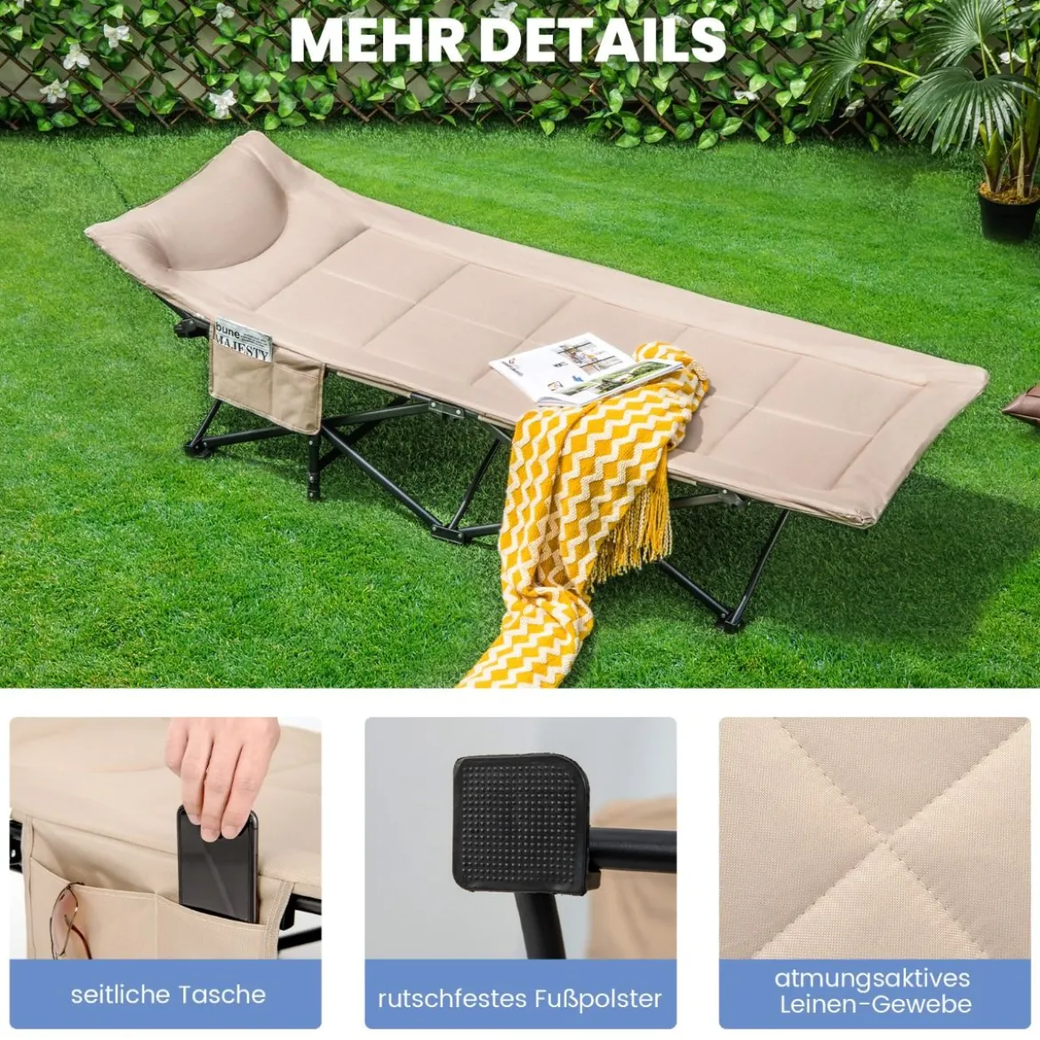 Klappbare Campingliege mit Seitentasche Feldbett bis 200 kg Belastbar Gästebett Khaki