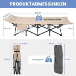Klappbare Campingliege mit Seitentasche Feldbett bis 200 kg Belastbar Gästebett Khaki