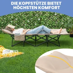 Klappbare Campingliege mit Seitentasche Feldbett bis 200 kg Belastbar Gästebett Khaki