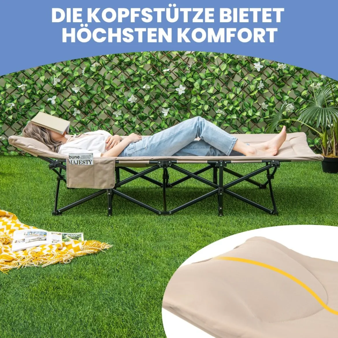 Klappbare Campingliege mit Seitentasche Feldbett bis 200 kg Belastbar Gästebett Khaki
