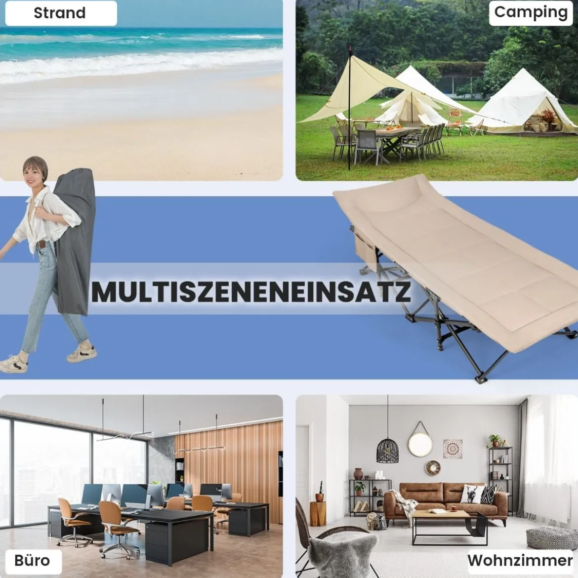 Klappbare Campingliege mit Seitentasche Feldbett bis 200 kg Belastbar Gästebett Khaki