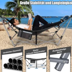 Klappbare Hängematte mit Gestell und Seitentasche Hängemattengestell bis 150 kg belastbar Schwarz