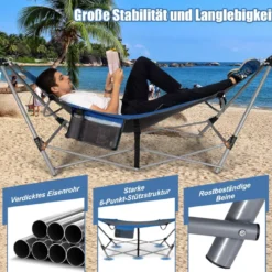 Klappbare Hängematte mit Gestell und Seitentasche Hängemattengestell bis 150 kg belastbar Blau