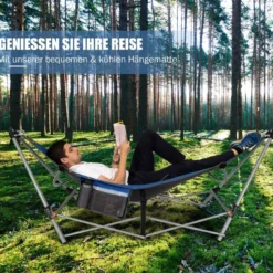 Klappbare Hängematte mit Gestell und Seitentasche Hängemattengestell bis 150 kg belastbar Blau