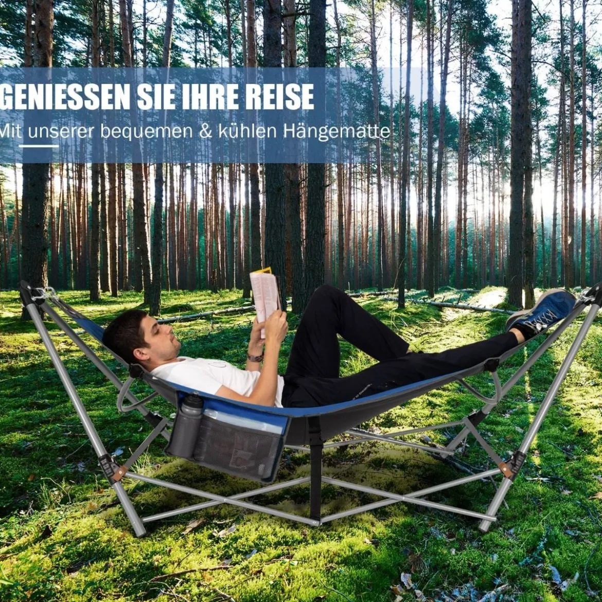 Klappbare Hängematte mit Gestell und Seitentasche Hängemattengestell bis 150 kg belastbar Blau