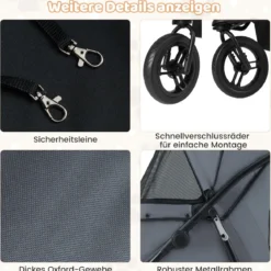 Klappbare Hundewagen bis 25 kg mit Verstellbarem Sonnendach 3 Rad Hundebuggy Grau