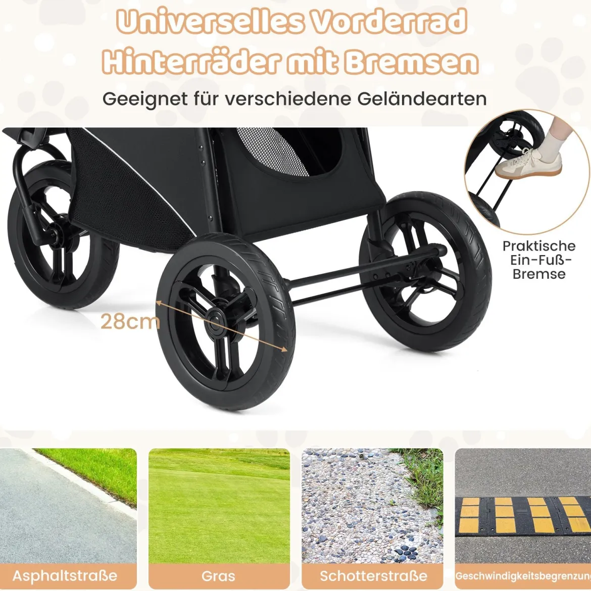 Klappbare Hundewagen bis 25 kg mit Verstellbarem Sonnendach 3 Rad Hundebuggy Grau