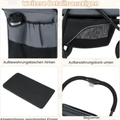 Klappbare Hundewagen bis 25 kg mit Verstellbarem Sonnendach 3 Rad Hundebuggy Grau