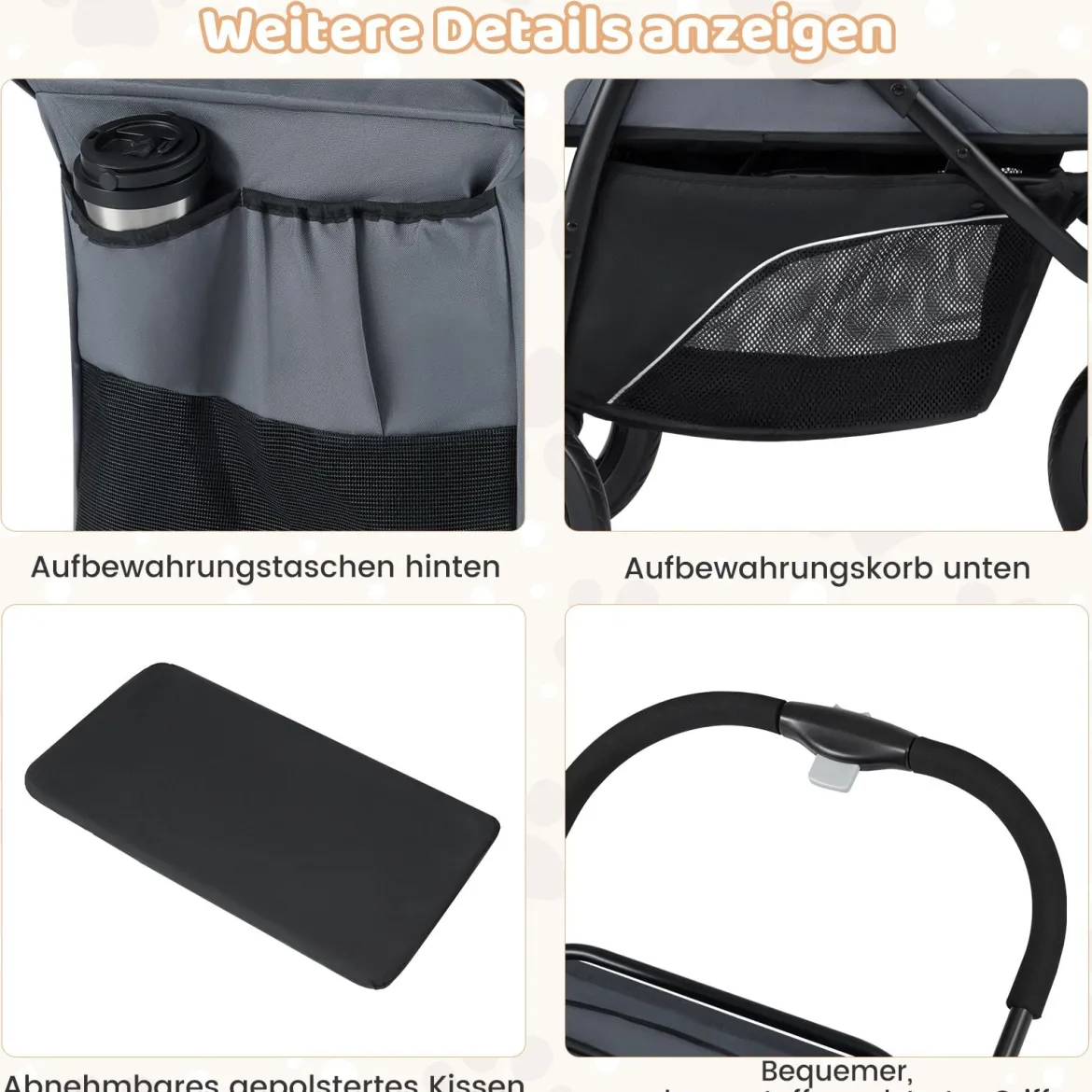 Klappbare Hundewagen bis 25 kg mit Verstellbarem Sonnendach 3 Rad Hundebuggy Grau