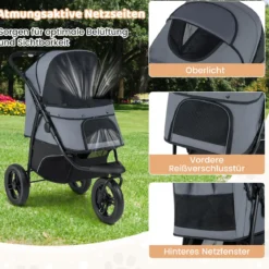Klappbare Hundewagen bis 25 kg mit Verstellbarem Sonnendach 3 Rad Hundebuggy Grau