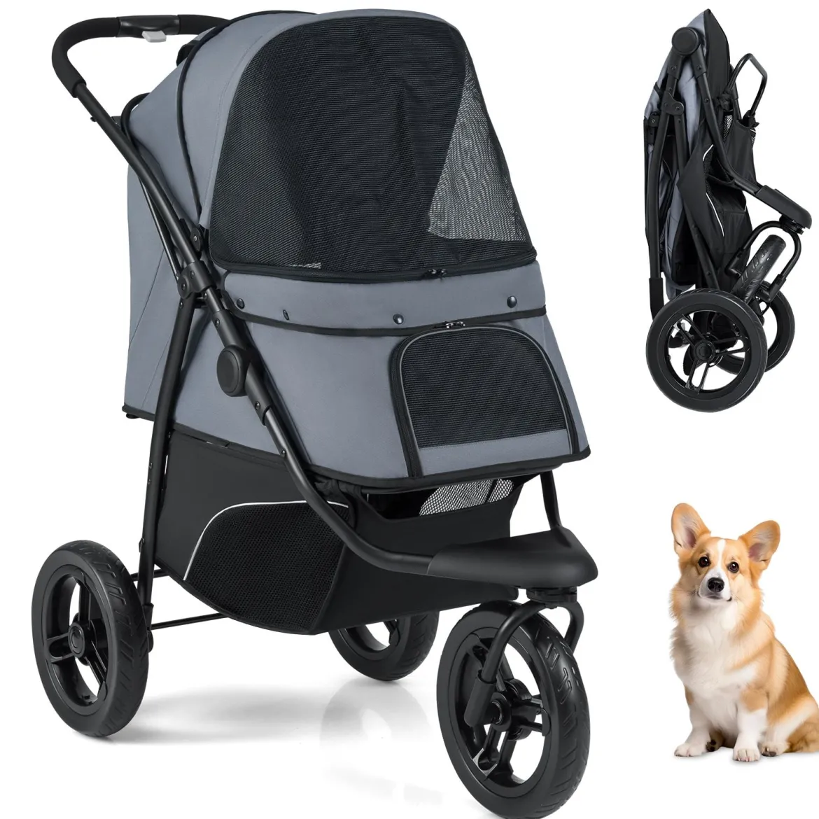Klappbare Hundewagen bis 25 kg mit Verstellbarem Sonnendach 3 Rad Hundebuggy Grau