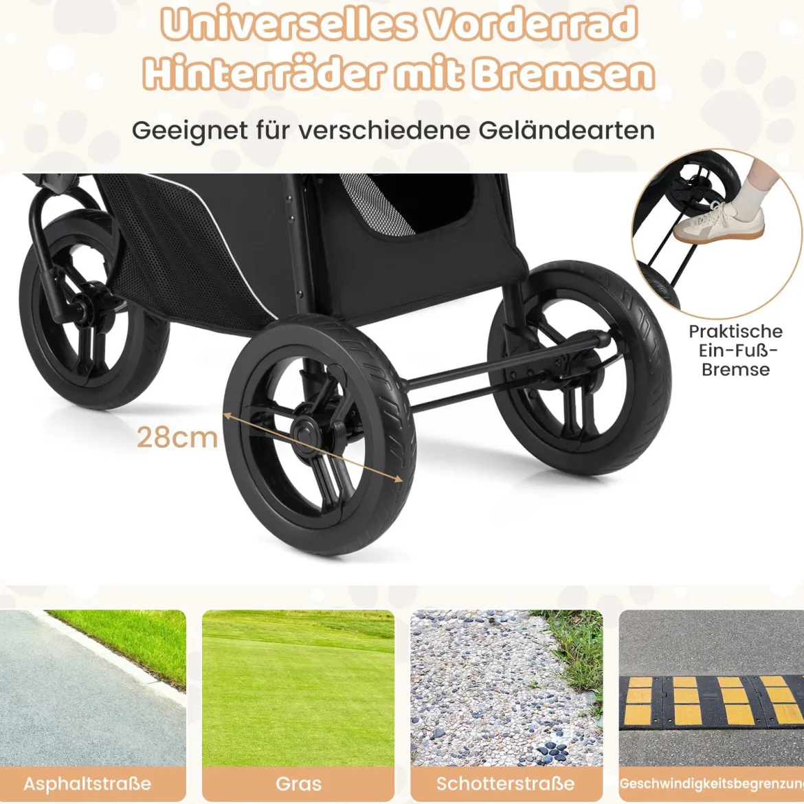 Klappbare Hundewagen bis 25 kg mit Verstellbarem Sonnendach 3 Rad Hundebuggy Schwarz