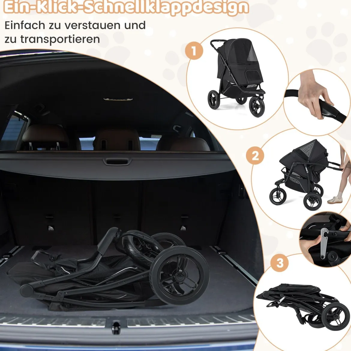 Klappbare Hundewagen bis 25 kg mit Verstellbarem Sonnendach 3 Rad Hundebuggy Schwarz
