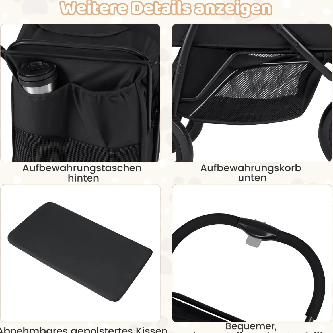 Klappbare Hundewagen bis 25 kg mit Verstellbarem Sonnendach 3 Rad Hundebuggy Schwarz