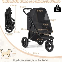 Klappbare Hundewagen bis 25 kg mit Verstellbarem Sonnendach 3 Rad Hundebuggy Schwarz