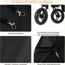 Klappbare Hundewagen bis 25 kg mit Verstellbarem Sonnendach 3 Rad Hundebuggy Schwarz