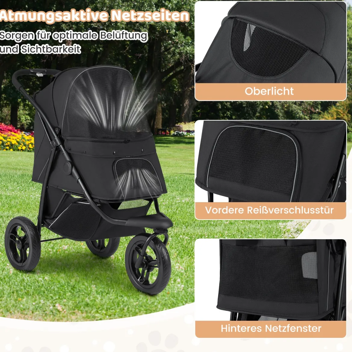 Klappbare Hundewagen bis 25 kg mit Verstellbarem Sonnendach 3 Rad Hundebuggy Schwarz
