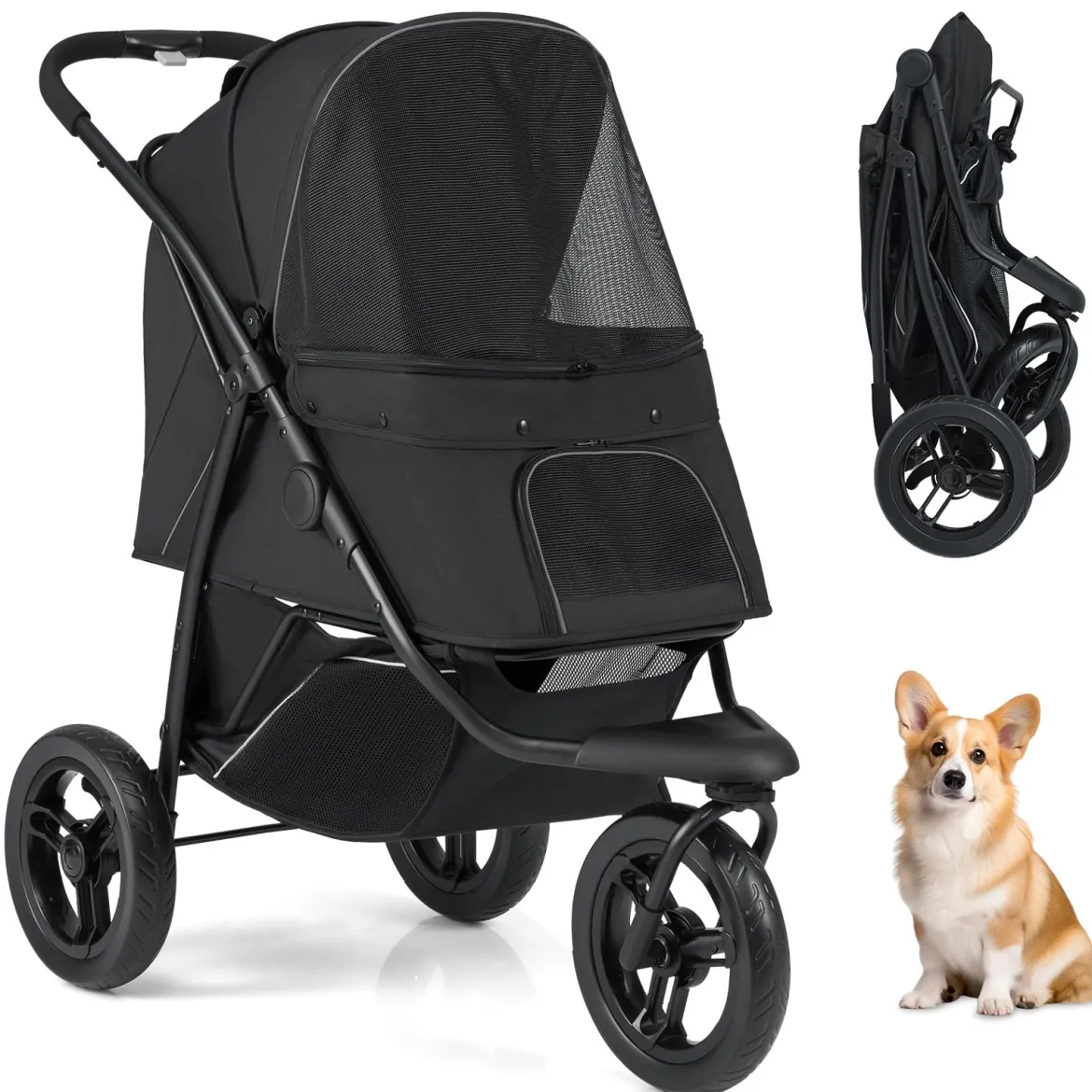 Klappbare Hundewagen bis 25 kg mit Verstellbarem Sonnendach 3 Rad Hundebuggy Schwarz