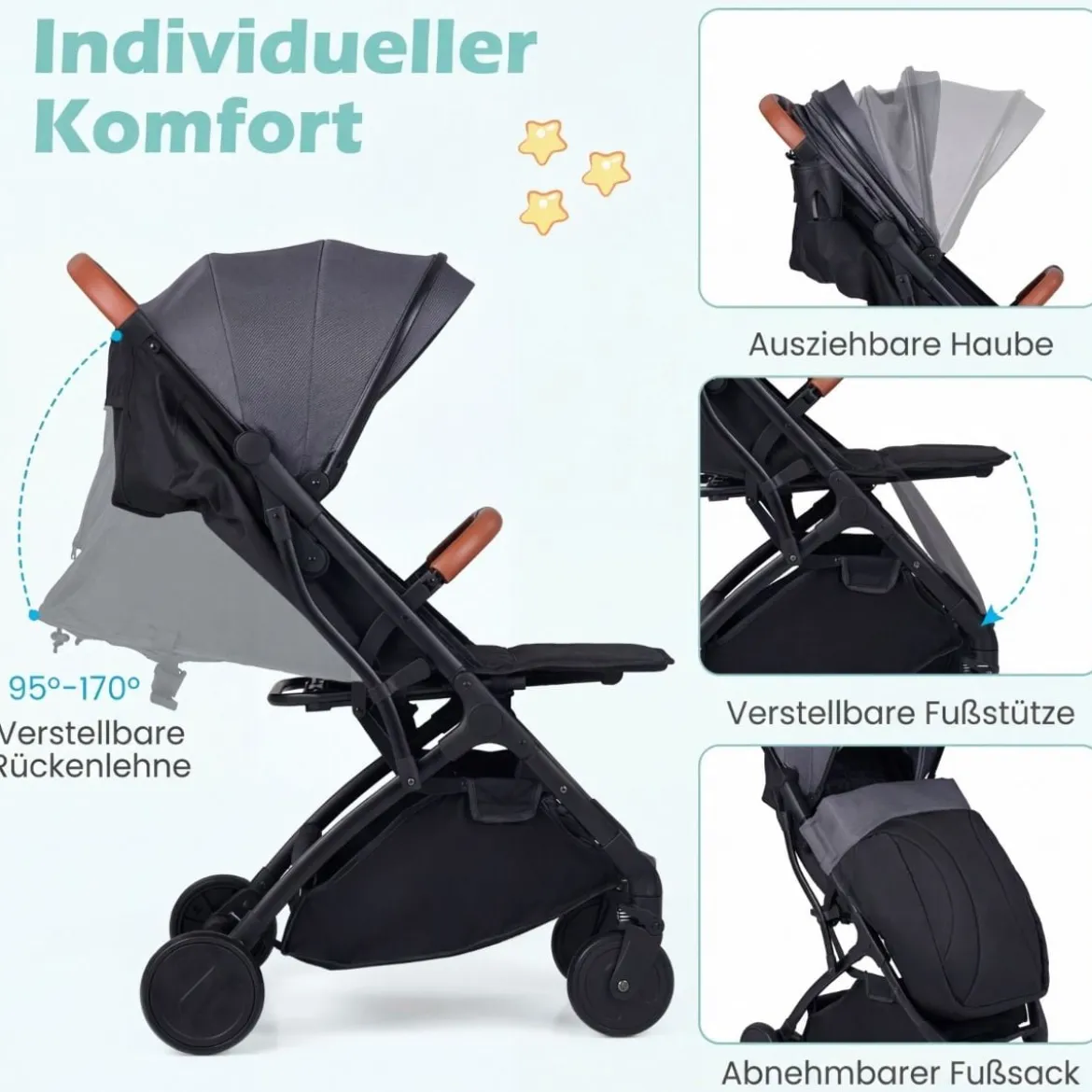Klappbare Kinderwagen mit Regenschutz & Verstellbarem Rückenlehne & Fußstütze Reisebuggy Grau