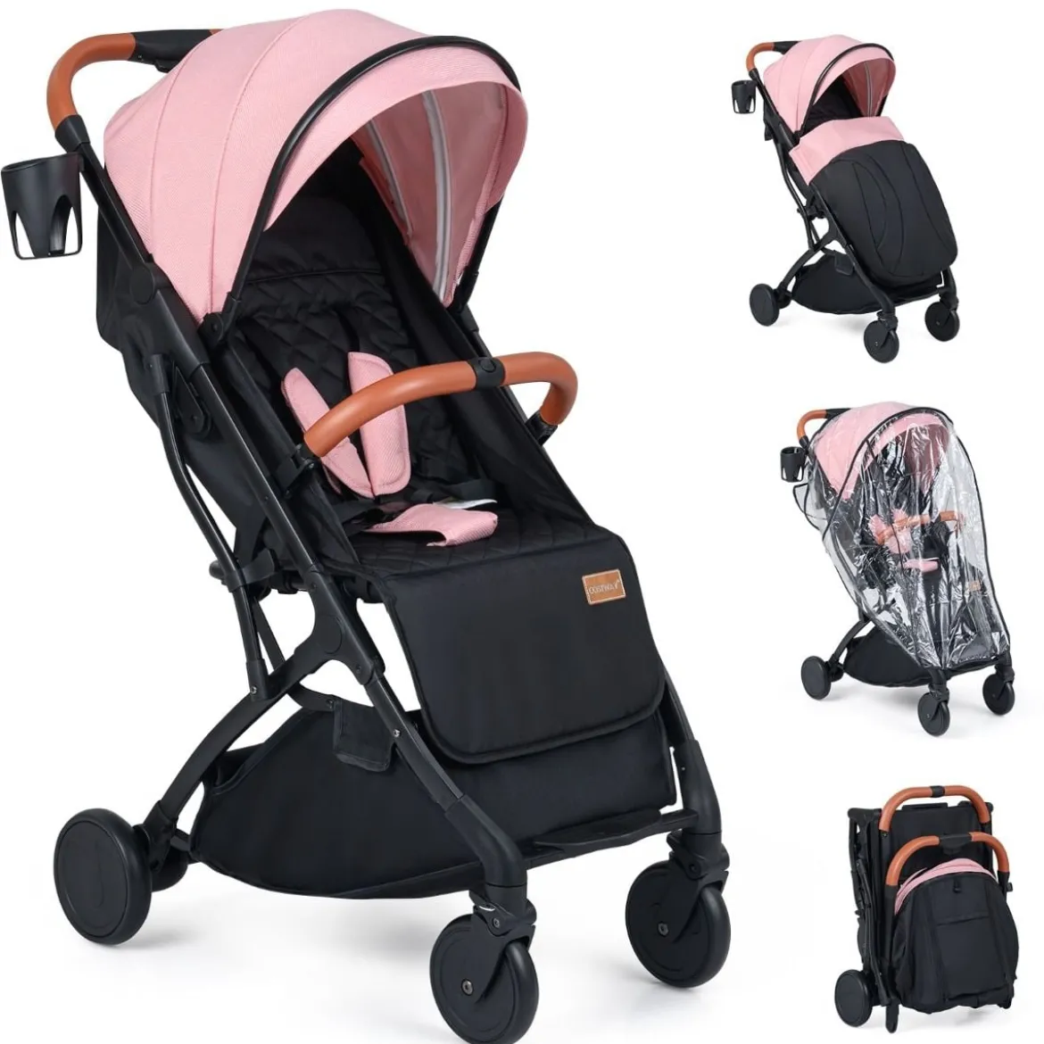 Klappbare Kinderwagen mit Regenschutz & Verstellbarem Rückenlehne & Fußstütze Reisebuggy Rosa