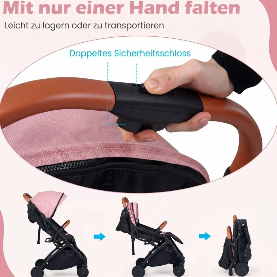Klappbare Kinderwagen mit Regenschutz & Verstellbarem Rückenlehne & Fußstütze Reisebuggy Rosa