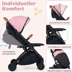 Klappbare Kinderwagen mit Regenschutz & Verstellbarem Rückenlehne & Fußstütze Reisebuggy Rosa