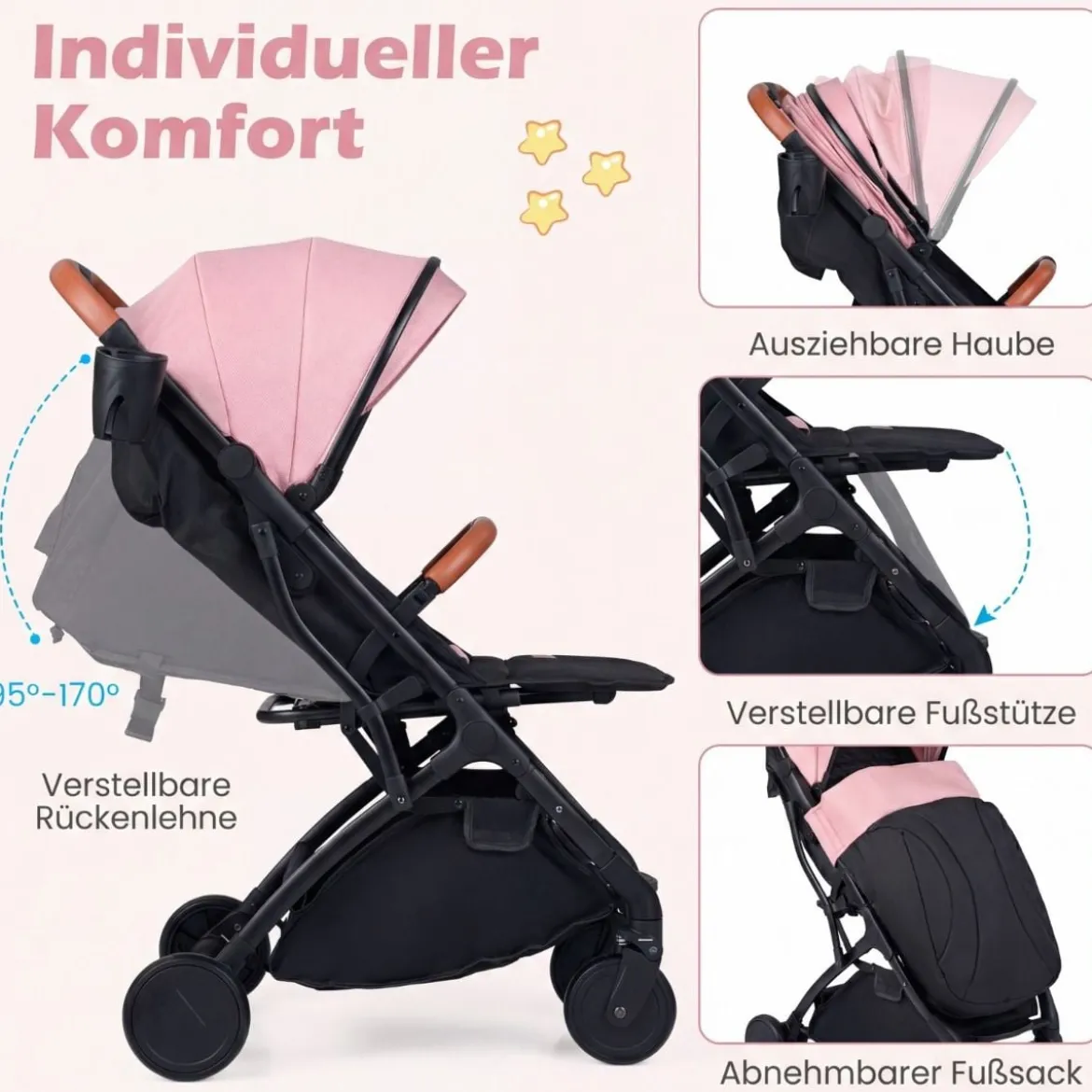 Klappbare Kinderwagen mit Regenschutz & Verstellbarem Rückenlehne & Fußstütze Reisebuggy Rosa