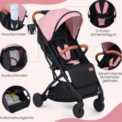 Klappbare Kinderwagen mit Regenschutz & Verstellbarem Rückenlehne & Fußstütze Reisebuggy Rosa