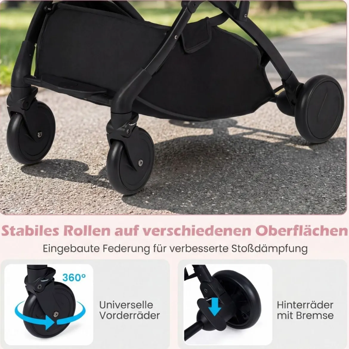 Klappbare Kinderwagen mit Regenschutz & Verstellbarem Rückenlehne & Fußstütze Reisebuggy Rosa